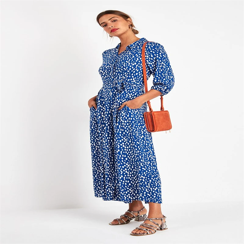 

Vintage Floral Print Dresses Turn Down Collar Button Party Long Dress for Women 2021 Elegant Lace Up Bow Three Quarter Sleeve
