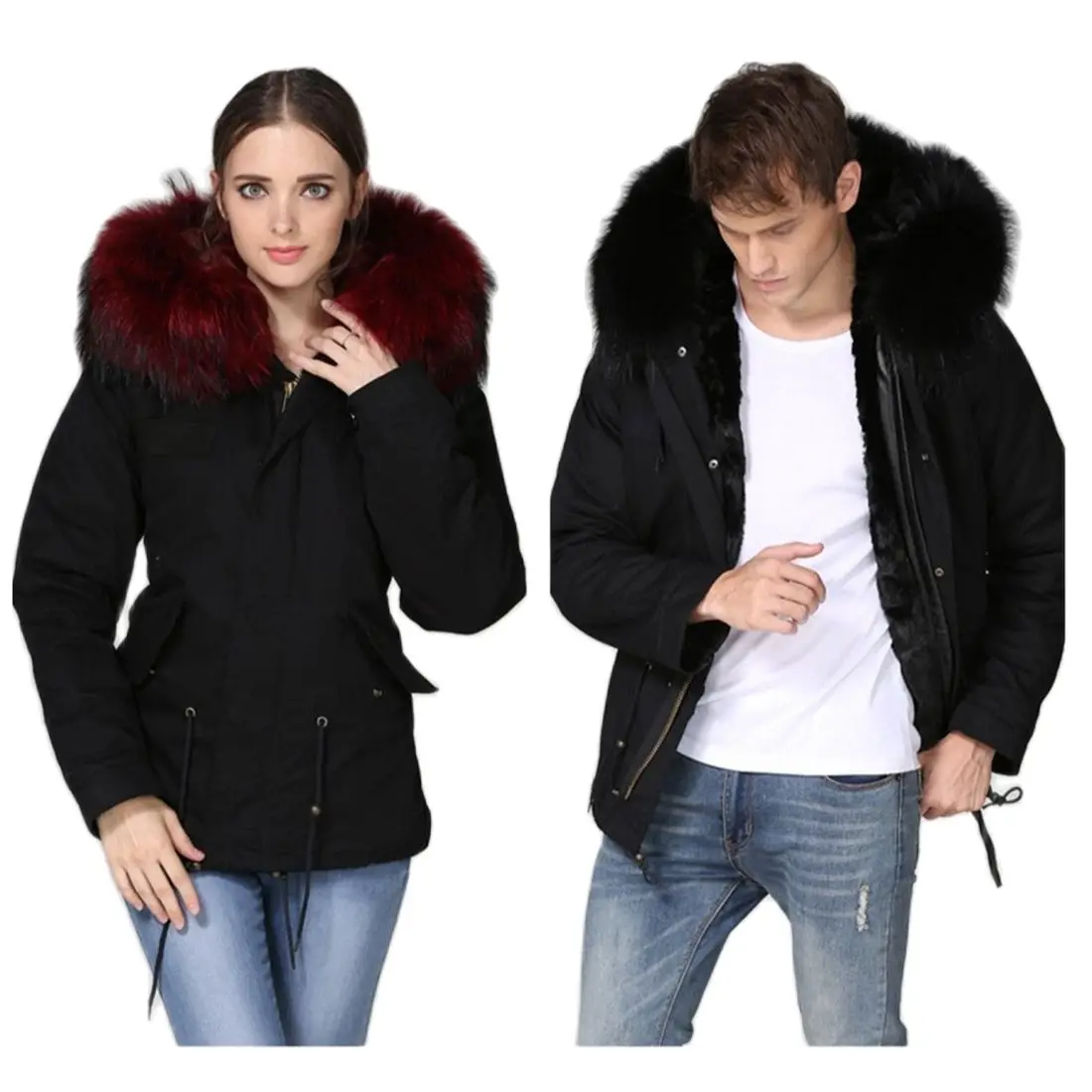 Парная Стильная черная меховая парка для жены и мужа толстая подкладка MR или MRS