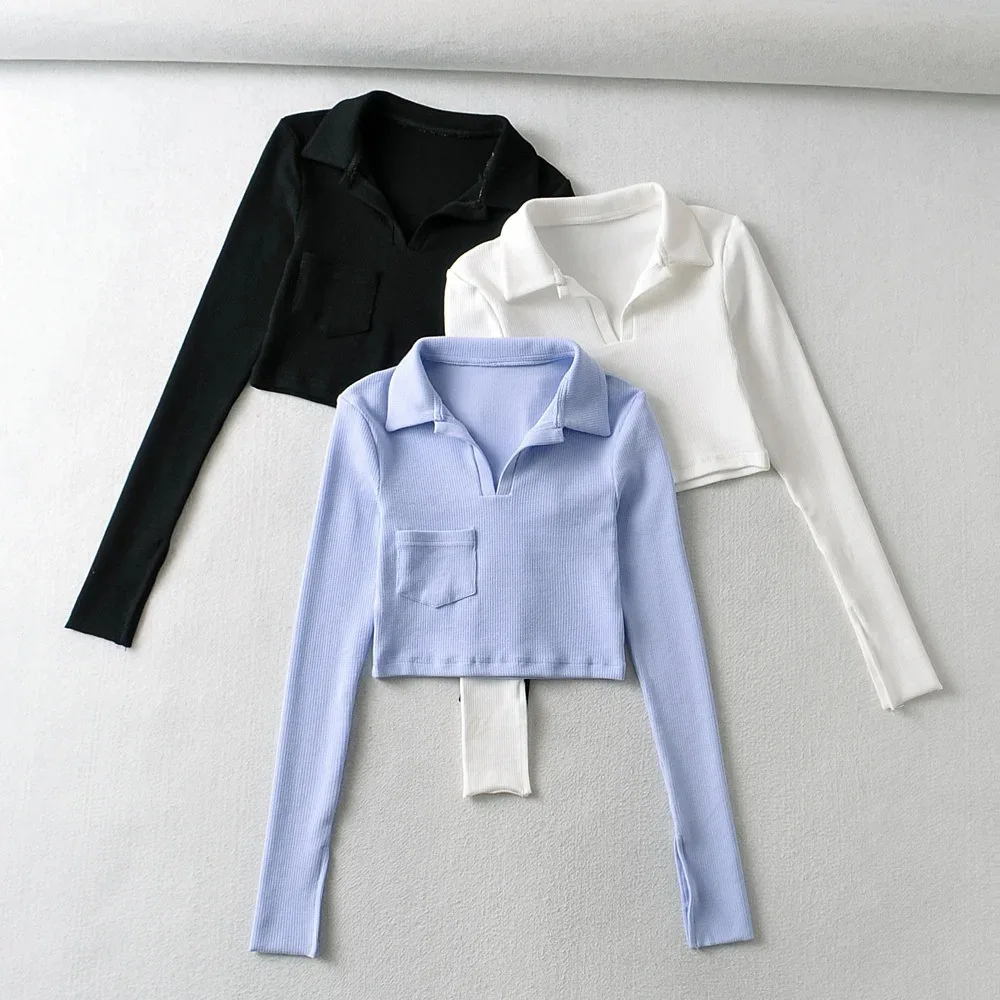 

Новинка 2021, рубашка-поло с лацканами и длинными рукавами, короткий осенне-зимний эластичный Женский пуловер, Женская Облегающая рубашка-топ