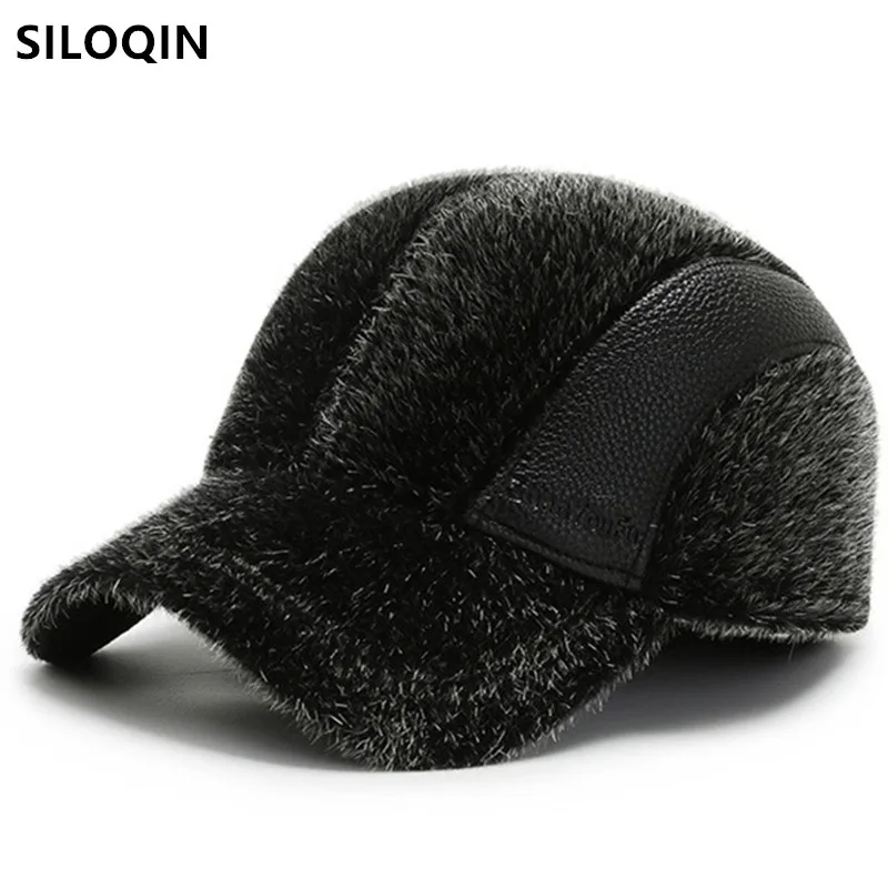 

SILOQIN Snapback Cap 2020 New Winter Warm Baseball Caps For Men Faux Mink Hats Thick Thermal Earmuffs Hat Men's Trend Sports Cap