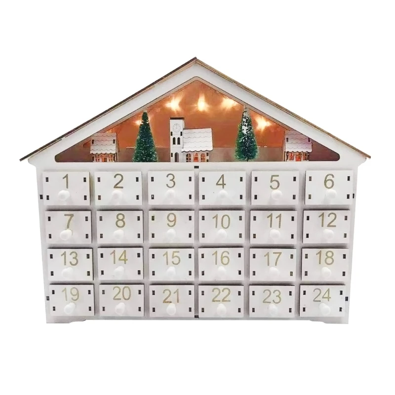 

Wooden House Christmas Advent Calendar with 24 Drawers LED Lights Countdown to Christmas Decoration