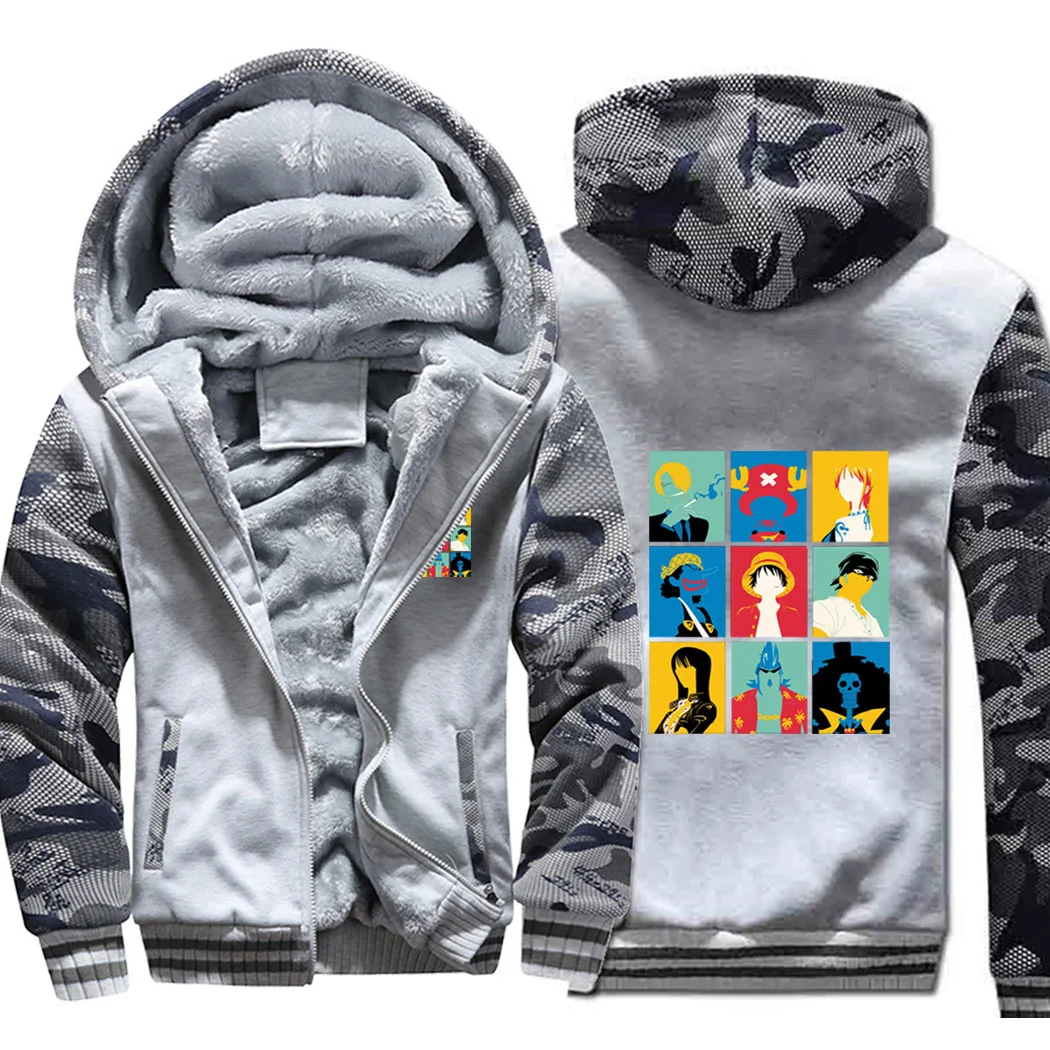 

One Piece Japanese Anime Nine Character Black Raglan Thick Hoodies Winter Warm Print Sweatshirts Coat Men Fitted Street Jackets