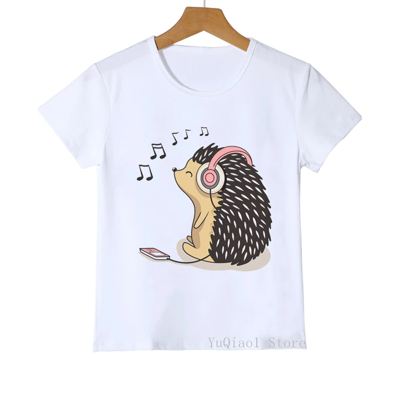 

Listen Music Hedgehog Print Funny T Shirts Baby Boys Clothes Summer Top For Girls Cute Animal Print Kids Tee Children's T-Shirts