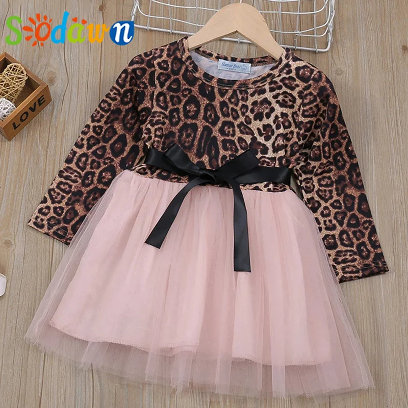 

Sodawn Spring Autumn Long Sleeve Leopard Stitched Mesh Ddress Party Dress For New Year 2022 Kid Clothes