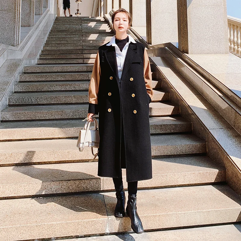 

Women's Woolen Jacket Winter Long Korean Loose Retro Double Breasted Fashion Coat Female Stitching High Quality Thickened Cloak