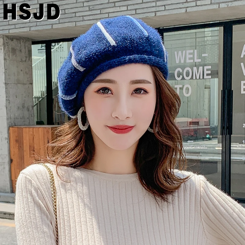 Шапка-бини Женская плюшевая теплая шапка-полосатый берет из смешанной норки