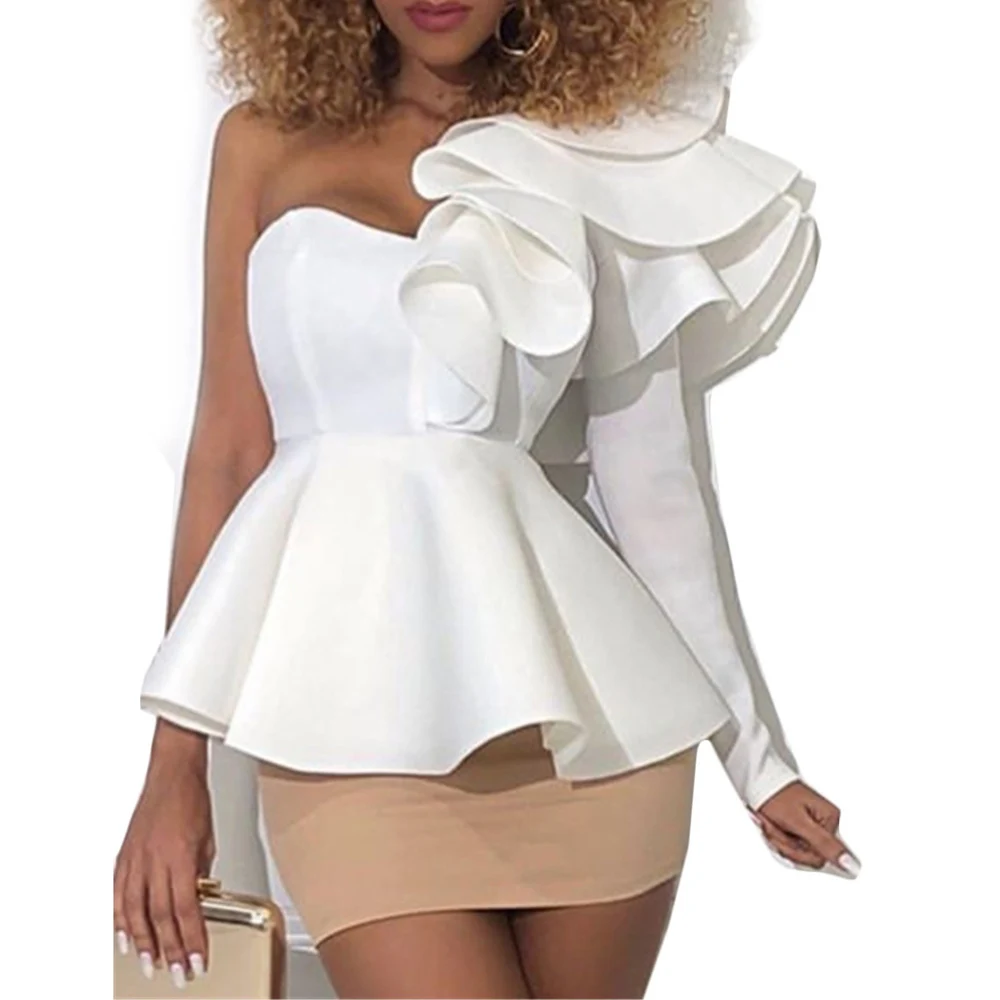 

Europe America Summer 2021 Fashion Sexy Single Ruffle High Waist Thin Women's Blouse Solid Color African Long Sleeve