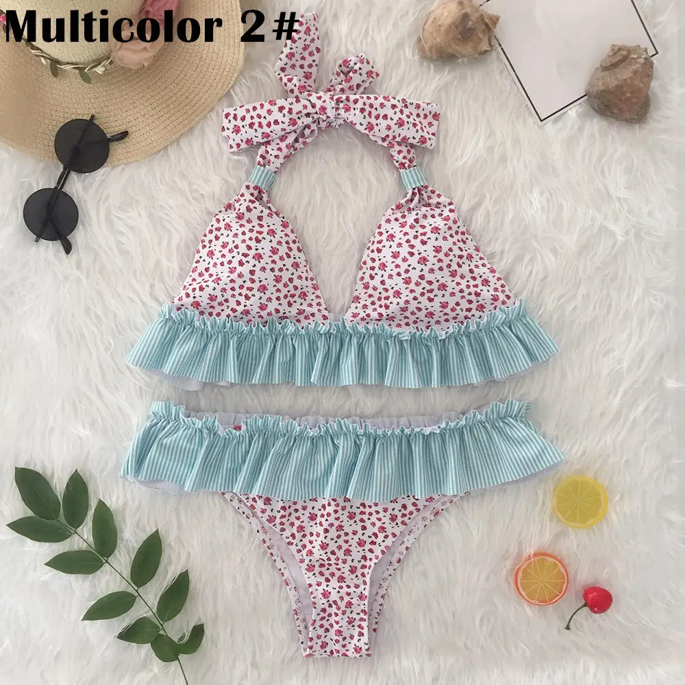 Multicolor 2 Цветочный купальник с бретелькой через шею, сексуальный, бикини для женщин, гофрированный купальник-бикини треугольной формы с v-образным вырезом, купальный костюм, пляжная одежда с открытой спиной, бикини - Цвет: Multicolor 2