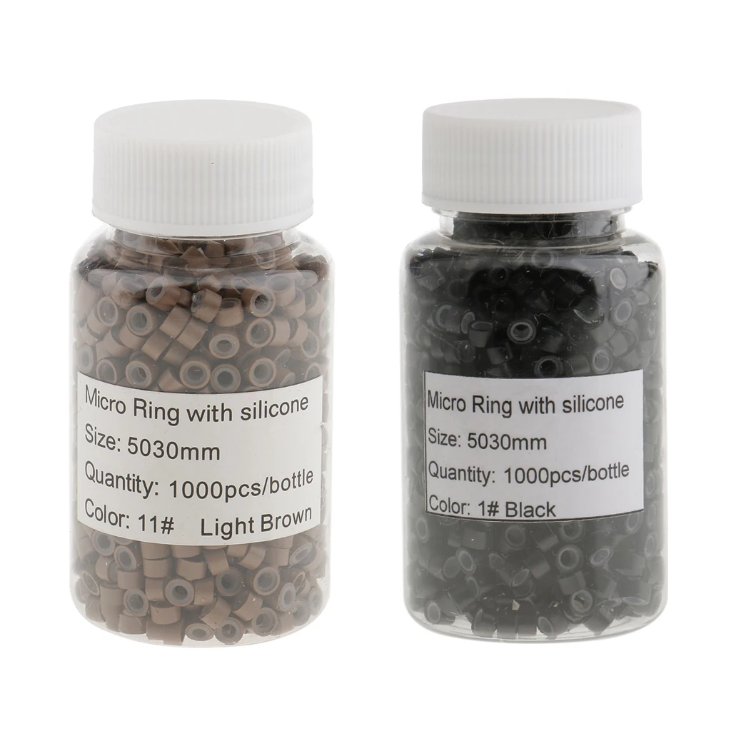 

2x 1000pcs Silicone Micro Link Rings 5mm Lined Beads for Hair Extensions Tool Black/ Light Brown