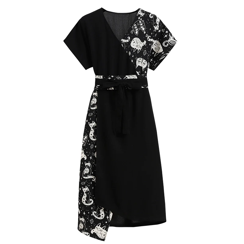 

2021 New Hit Summer Korean Style Chiffon Printed Patchwork Dress For Women Short Sleeves V-Neck Belted Dresses Female Clothing