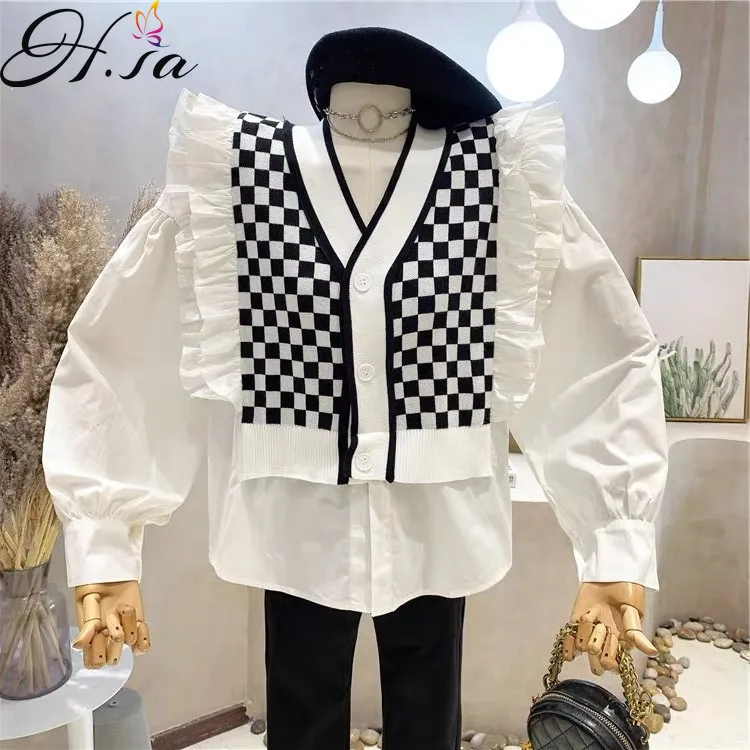 

Hsa Fake Two-Piece Knitted Sweaters Long-Sleeved Shirt Women's Chic White Top Plaid Loose Puff Sleeve European Fashion Cardigan