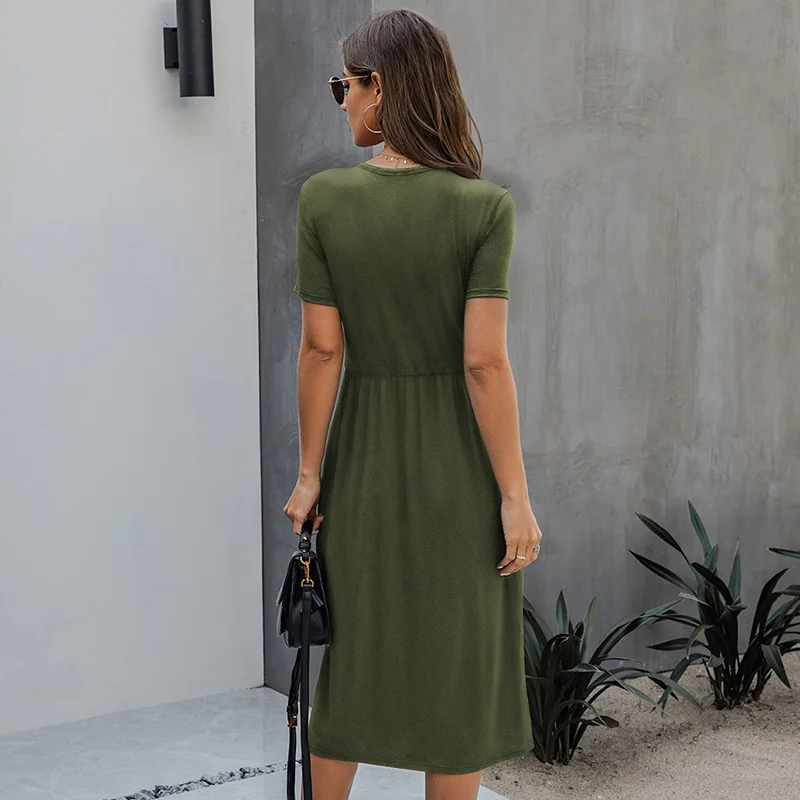 

2021 New Ladies Spring Summer Solid Button Long Knitted Dress Women Casual O Neck Short Sleeve Dress