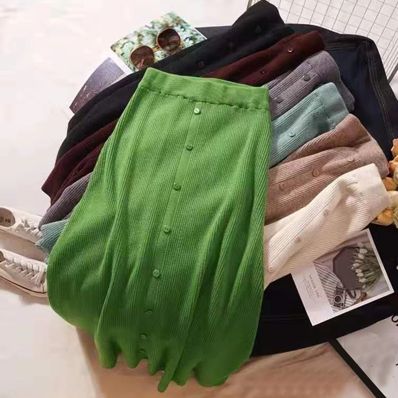 Женские юбки Осень Зима Шерсть Вязание Середина Теленок Юбка Пуговицы Высокая