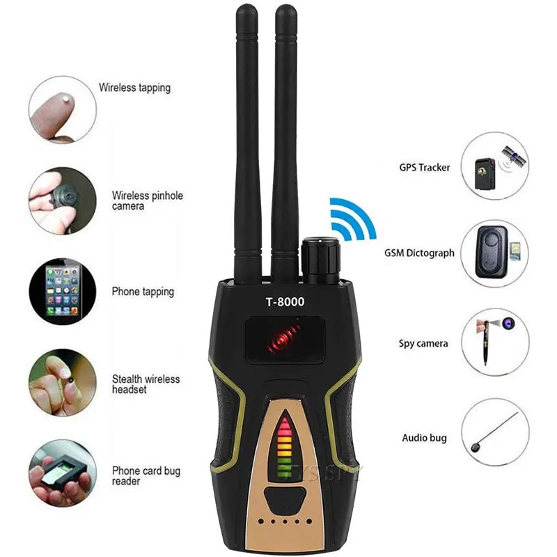 T8000 Radio RF Signal Detector Portable Anti Spy Hidden Camera Detector GSM Audio Bug Finder GPS Scanner Large Detection Range