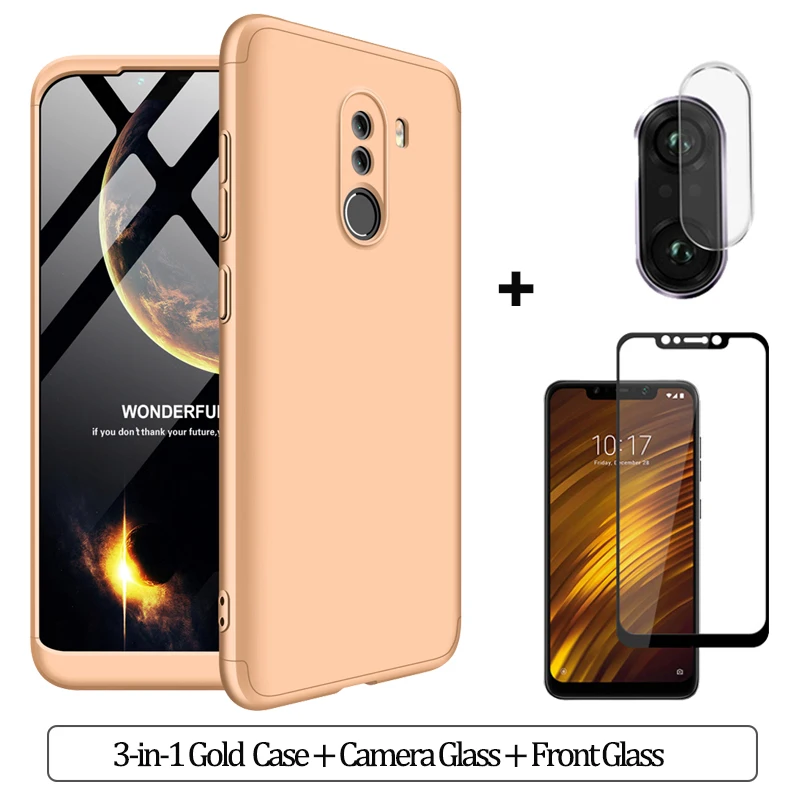 3-in-1 Gold Case 3-в-1 Стекло+ бронированный чехол для телефона xiaomi pocophone F1 case 360 Жесткий ПК анти-противоударный бампер чехол pocofone f1 оригинальным стеклянным корпусом xiaomi pocophone f1 чехол на Покофон Ф1 чехол - Цвет: 3-in-1 Gold Case