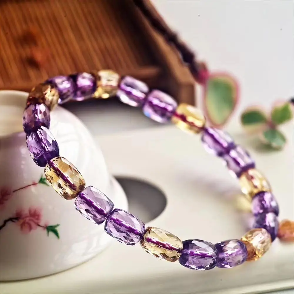 

Genuine Natural Amethyst CItrine Quartz Yellow Purple Bracelet Women Faceted Barrel Beads Crystal 6x7mm Stretch AAAAA