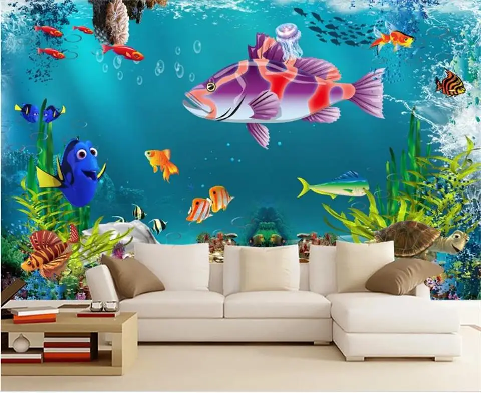 Пользовательские размеры 3d фото обои Гостиная Фреска подводный мир цвет рыбы