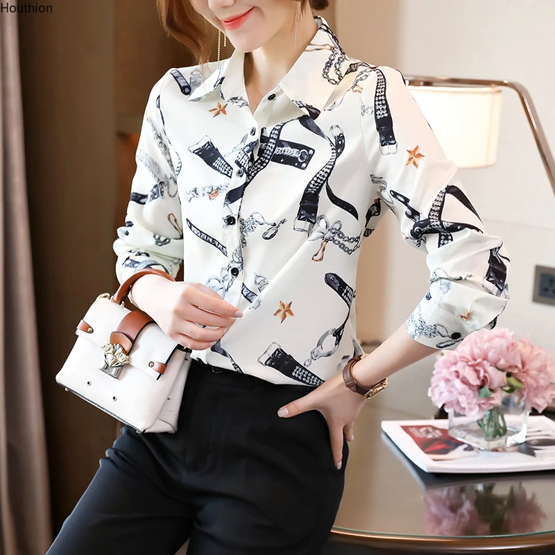 

Chiffon Women's Blouse Polo Girl's Shirt Summer Fashion Long Sleeve Top Print Loose Casual Female Clothing Houthion