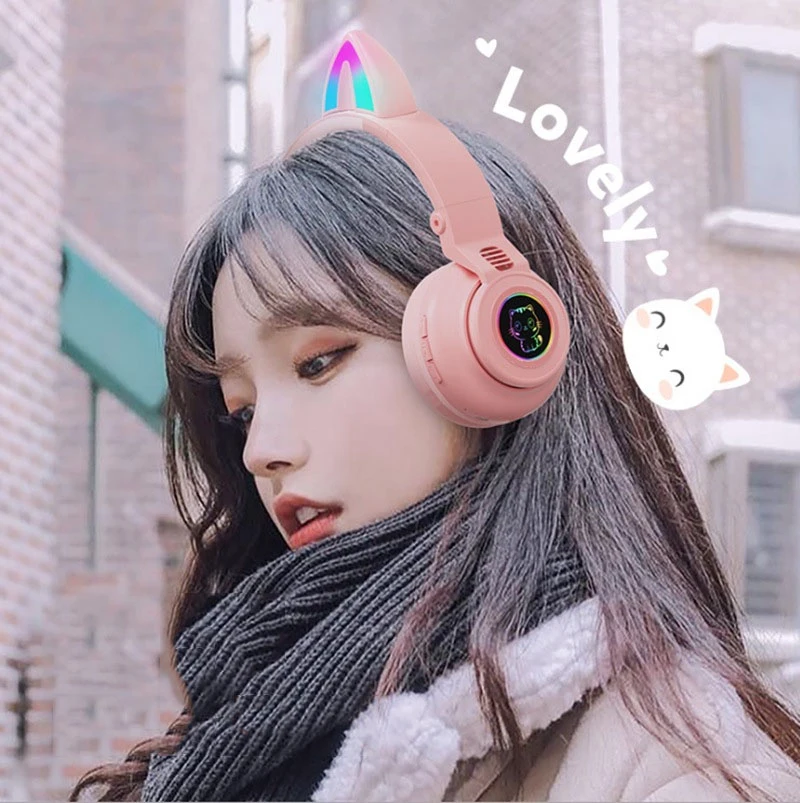 

RGB Cat Ear Headphones Bluetooth 5.0 Wireless Headset Noise Cancelling For Kids Girls gift with 3.5mm audio jack Support TF Card