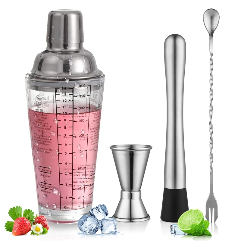 

4Pcs/set Bar Tools Stainless Steel Scale Cocktail Shaker Bartender Mixing Glass Fruit Juice Snow Grams Cup Water Bottle Bar Tool