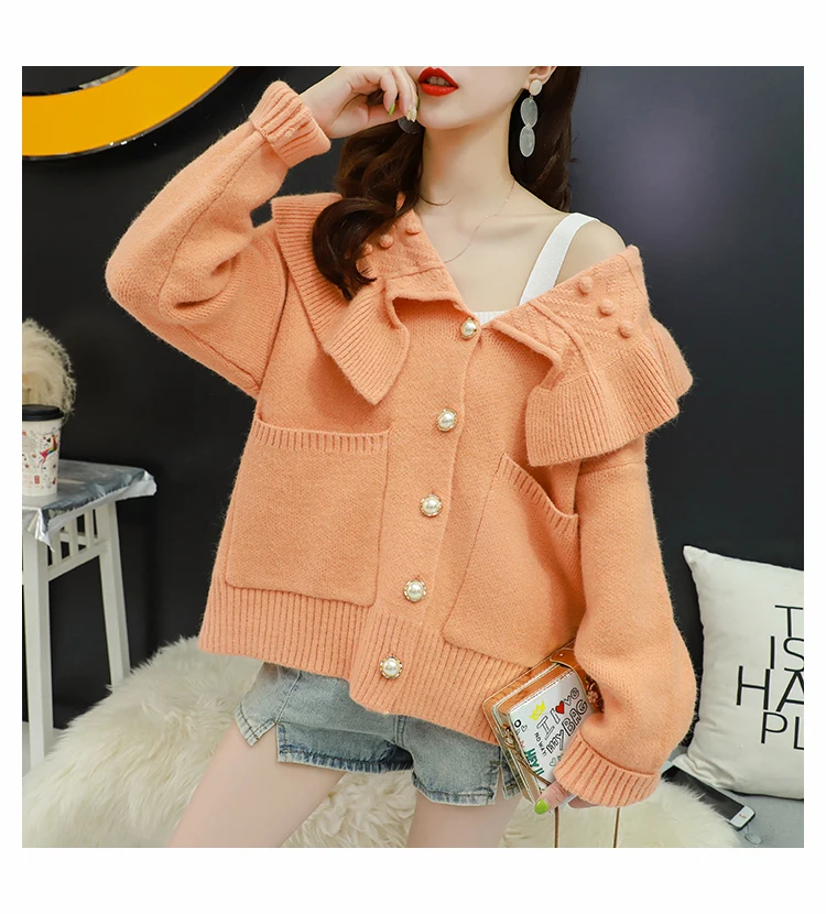 H.SA Women Winter Oversized Sweater Cardigans Big Collar Ruffles Loose Jumpers Green Beige Cardigans Feminino Button Up
