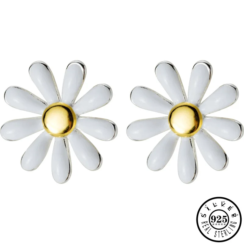 

100% 925 Sterling Silver Small White Daisy Flower Shape Ear Studs Earrings Christmas Fine Jewelry for Women Girls Lady