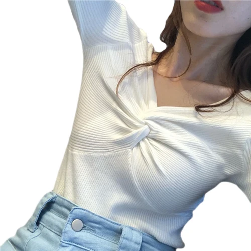 Женский свитер в полоску с длинным рукавом и V-образным вырезом | Женская одежда