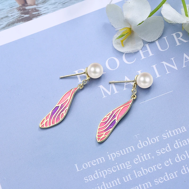 

Vintage Gradient Dragonfly Wing Drop Earrings For Women Enamel Flame Pattern Pearl Dangle Earring Elegant Piercing Ear Jewelry