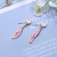 vintage gradient dragonfly wing drop earrings for women enamel flame pattern pearl dangle earring elegant piercing ear jewelry