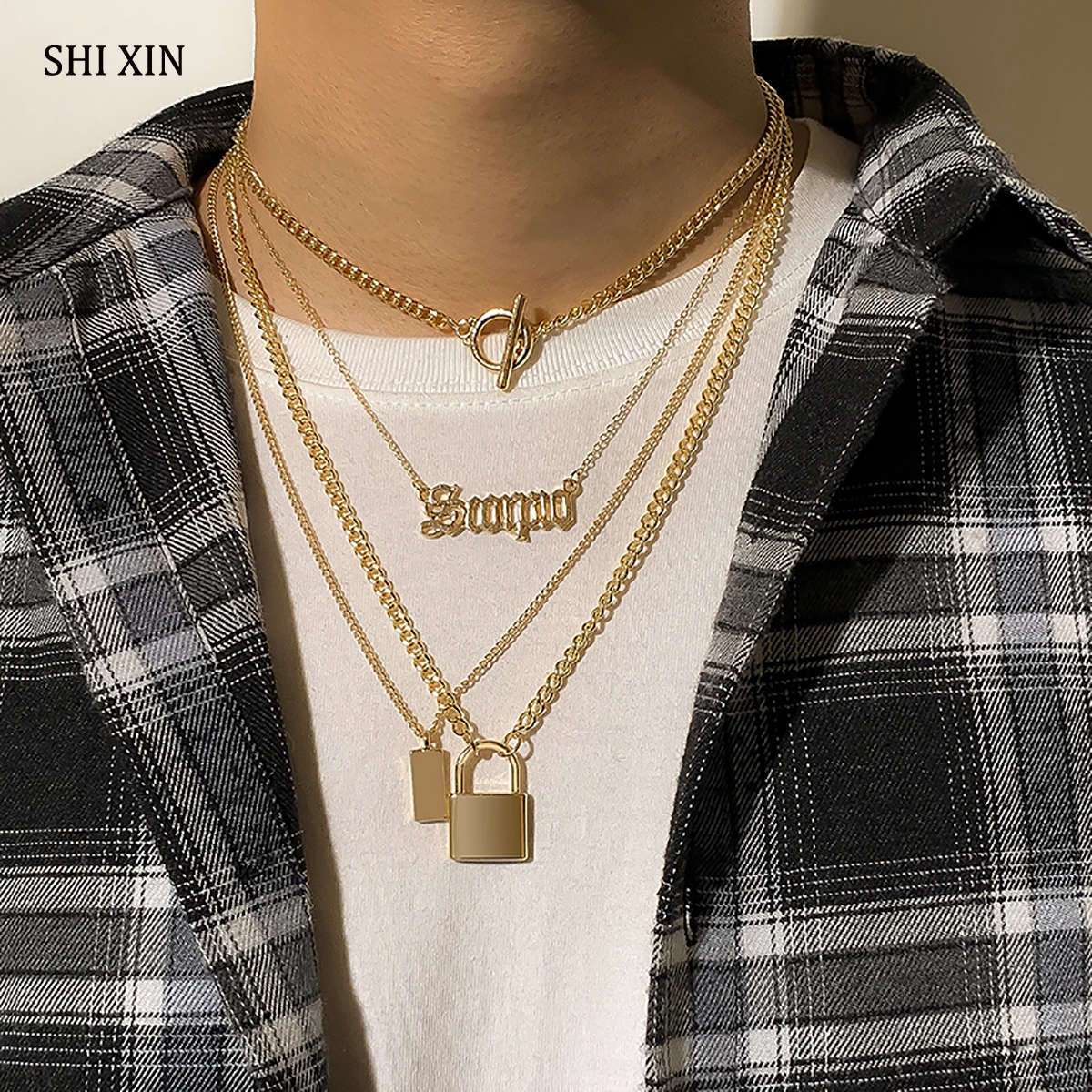 

SHIXIN Layered Chain Lock/Letter Pendant Necklace for Men/Women Fashion Padlock Necklace Set 2021 Jewelry for Neck Choker Collar