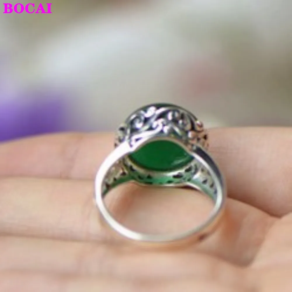 

BOCAI S925 sterling silver rings Thai silver green chalcedony women's original fashion jewelry Pure Argentum gematone rings