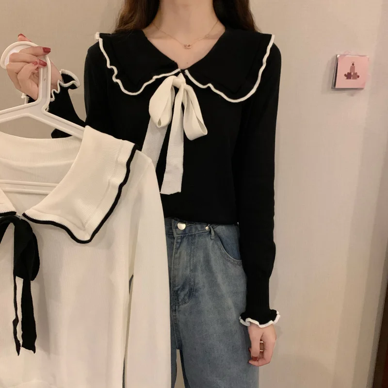 

Ранний корейский топ, новый женский белый свитер 2021, академический дизайн, ощущение банта, длинный рукав