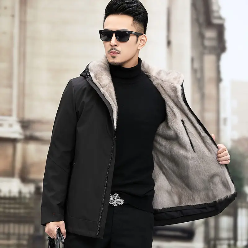 

Шуба из меха норки для мужчин, зимняя теплая шуба с капюшоном, Повседневная модная мужская одежда