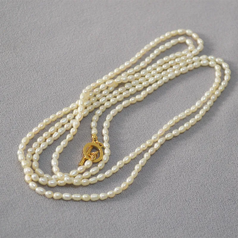 

Ожерелье с французским пресноводным рисовым жемчугом, нежное маленькое женское ожерелье с простой кнопкой ot, складная цепочка на свитер, длинное ожерелье