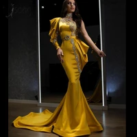 gold crystal mermaid arabic dubai prom dresses 2021 one shoulder beaded evening gown high collar formal vestidos de noiva