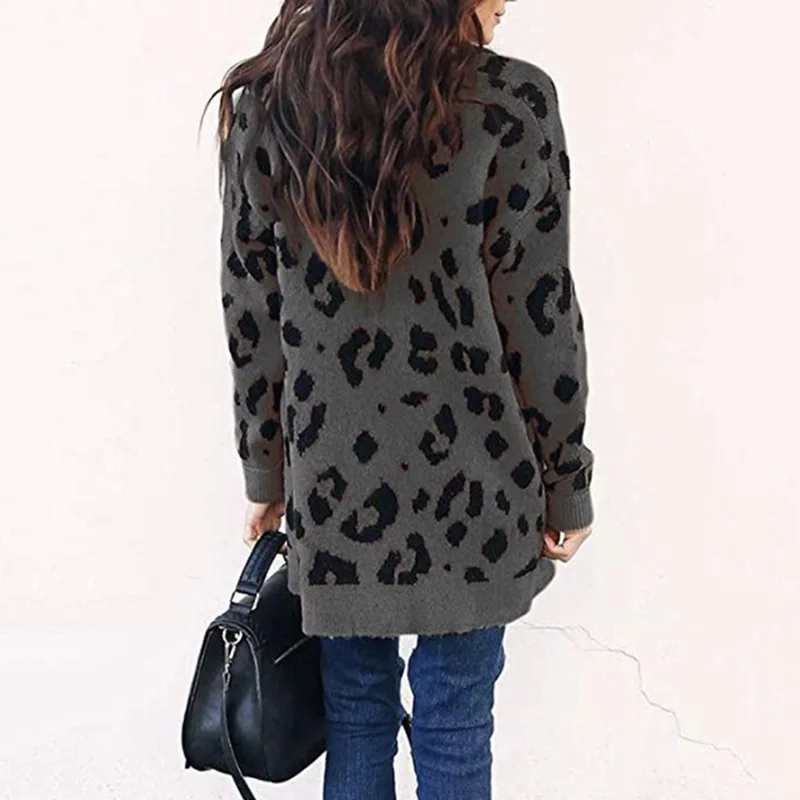 LOGAMI Long Leopard Cardigan Woman Fall Coat Sleeve Pocket Sweaters Womens Casual Cardigans New |