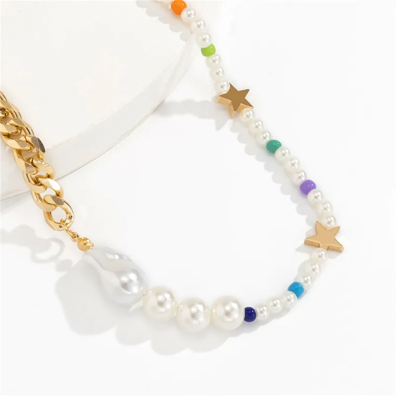 

Retro Baroque Irregular Imitation Pearl Necklace Hollow Geometric Link Chain Choker Multilayer Women Statement Jewelry Gift