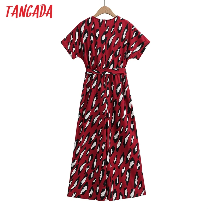 

Tangada Women Red Leopard Print Chiffon Jumpsuit Summer Short Sleeve with Slash Female Casual Jumpsuit 1F96