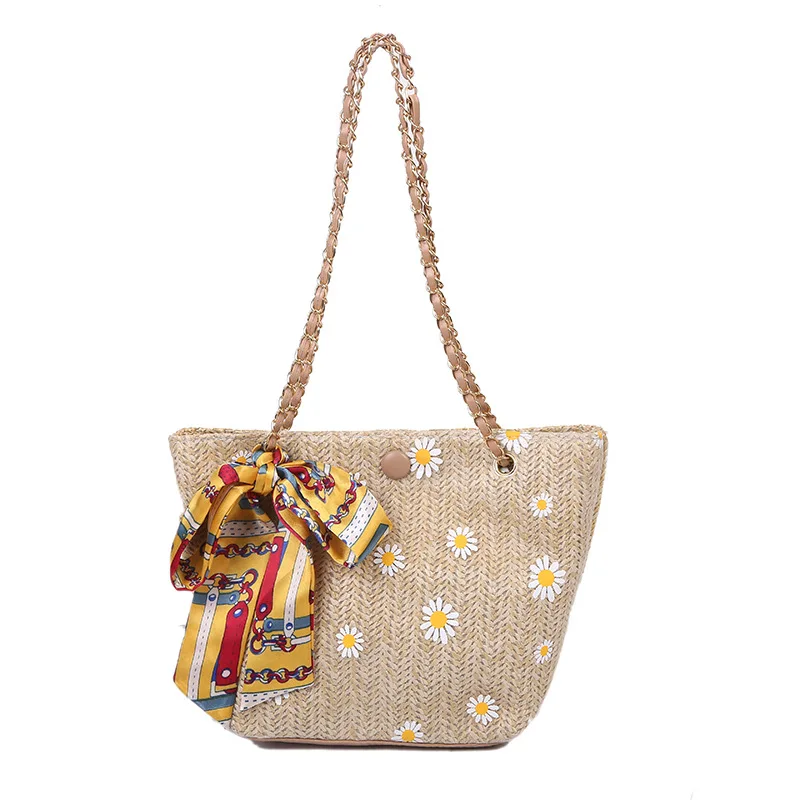 

New Women's Straw Woven Shoulder Bag Summer Japanese Small Daisy Female Handbag Fashion Large Capacity Bucket Bag Messenger Bag