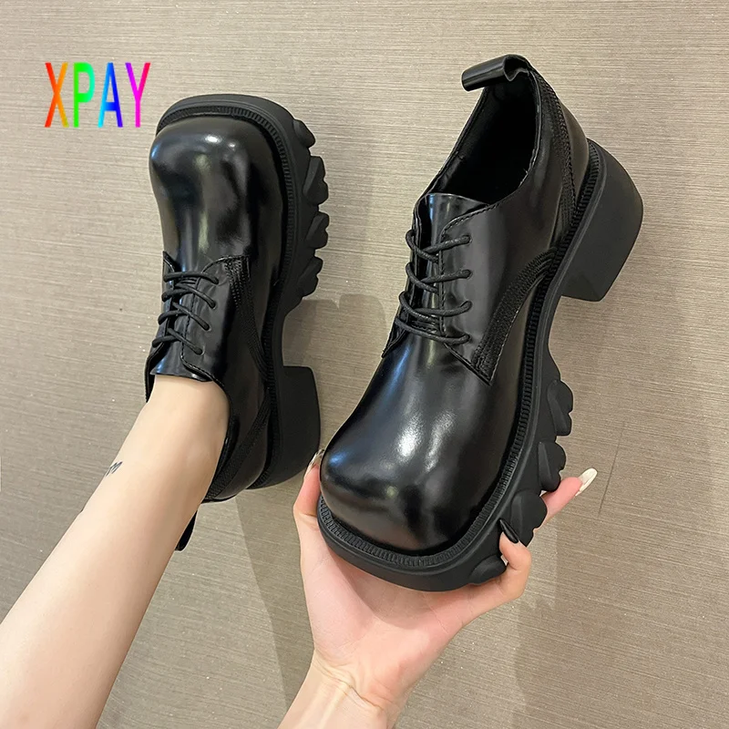 

Heeled Shoes for Women Square Heel Leather 2021 New Winter Retro Lace Black Casual Platform Heels Lady Mary Jane Botas De Mujer