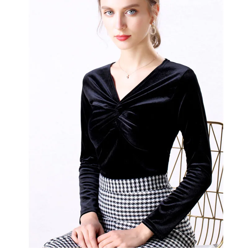 Autumn Woman Bottom Shirt Velvet Retro V-neck 2020 New Slim Long Sleeve Womans Shirts Bottoming Red Black Green | Женская одежда