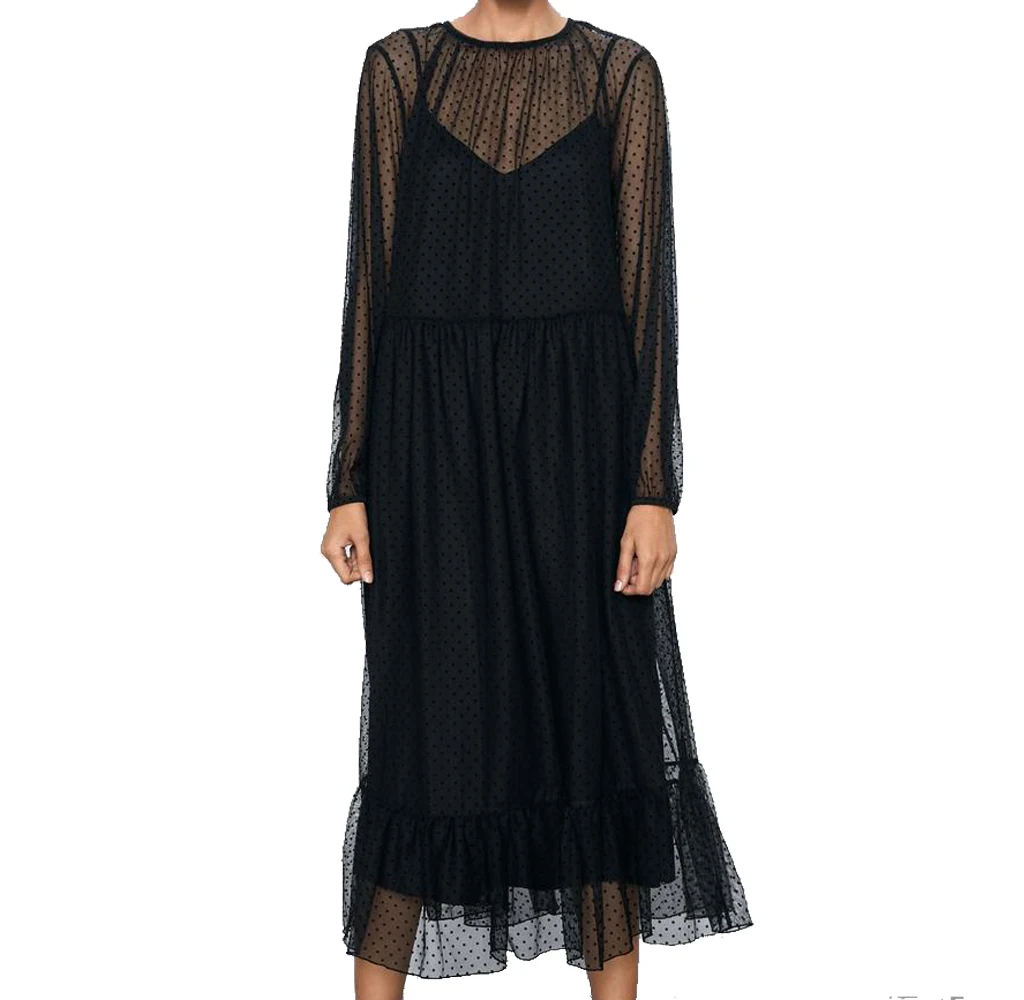 2019 za 2 шт женское модное SEMI SHEER Сетчатое платье в горошек с круглым вырезом Платья