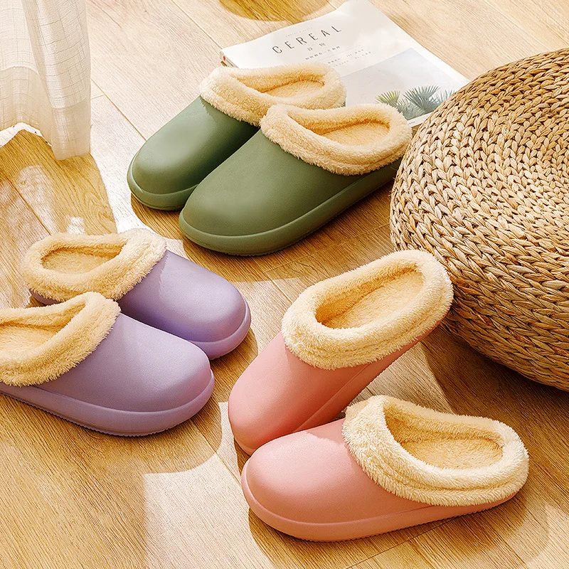 

2021 Winter Hot Sale Women Home Cotton Slippers Outdoor Waterproof Shoes Couples Slides Female And Man Fluffy Fur Lined Slippers