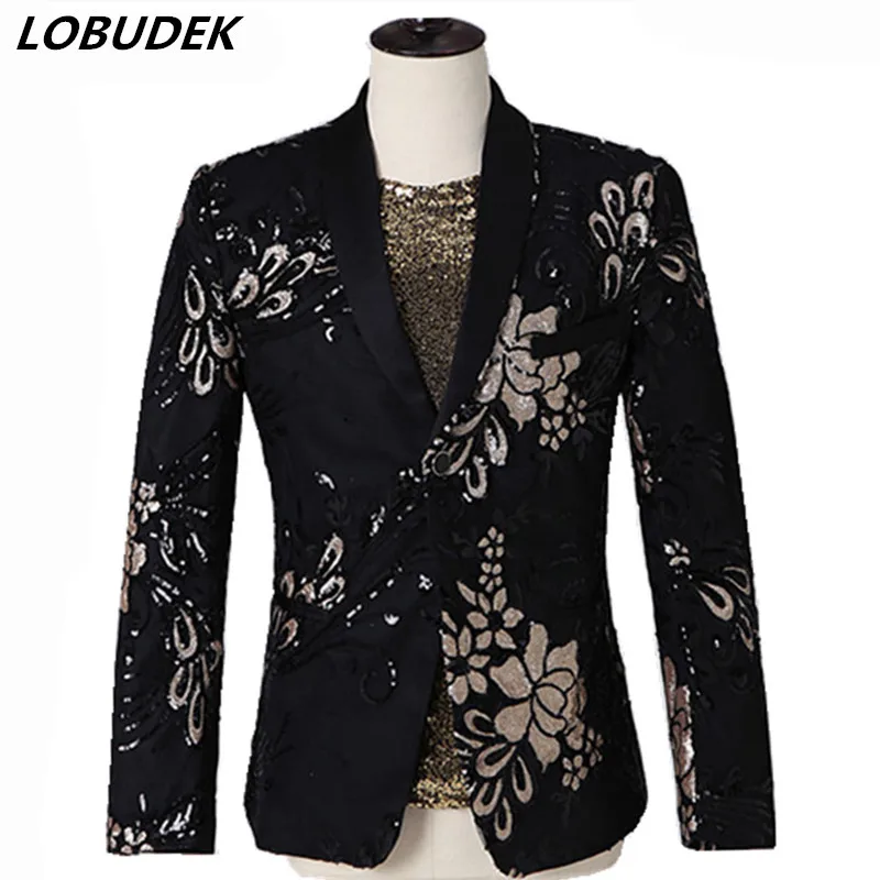 Для мужчин черного и золотого цвета с блестками блейзер в полоску вышивкой