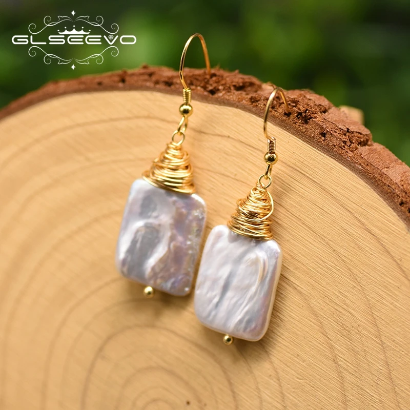 GLSEEVO натуральный белый квадрат из барочного жемчуга длинные висячие серьги для