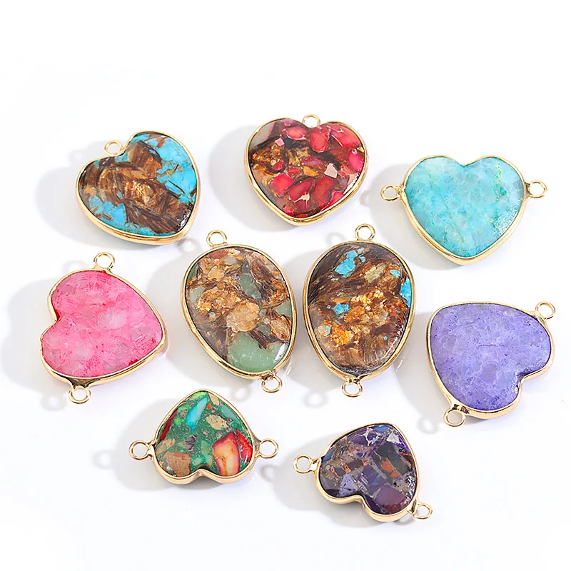 

Heart Nature Imperial Stone Pendant connectors natural gem stone pendants Double Holes for Jewelry Making DIY Bracelet Necklace