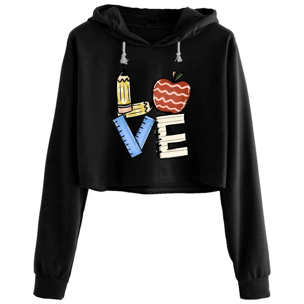 

Teach Love Crop Hoodies Women Kpop Korean Y2k Kawaii Pullover For Girls