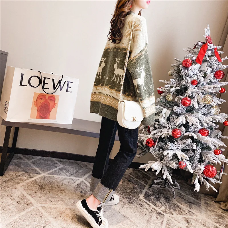 

Women Autumn Winter Christmas Sweater Ladies Knitted Jumper Pullover Women Sweater Snowflake Elk Print Sweaters And Pullovers
