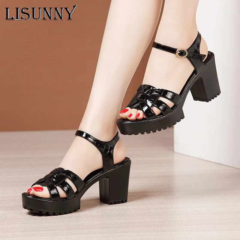 

GKTINO Buckle High Heels Sandals Women Shoes Open Toe Summer 2021 Patent Leather Block Heel Sandals Ladies Office Footwear
