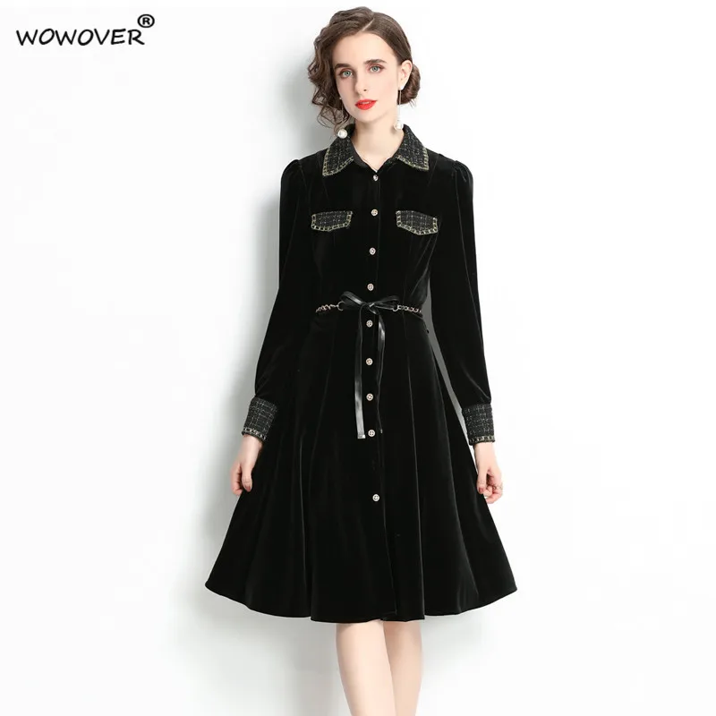 

New 2021 Fashion Fall Winter Vintage Velvet Dresses for Women Elegant Long Sleeve Vestidos Black Casual Prom Party Robe Femme